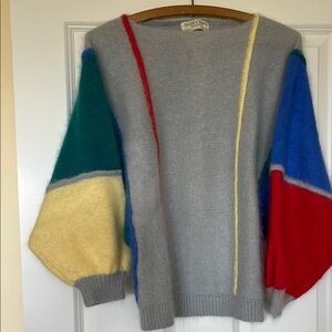Gray and Red, Blue, Green and Yellow Cashmere Crew Neck Sweater.